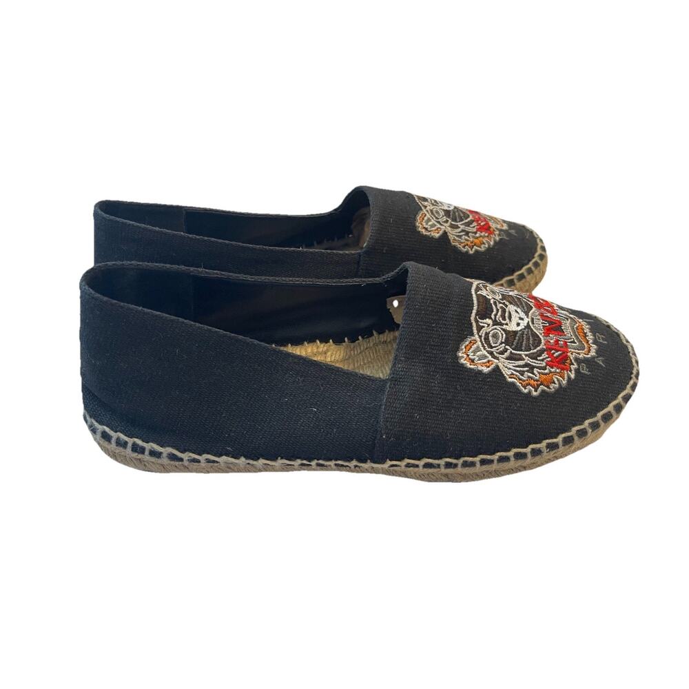 Kenzo Womens Tiger Embroidered Black Canvas Jute Espadrilles Slip On Shoes 38